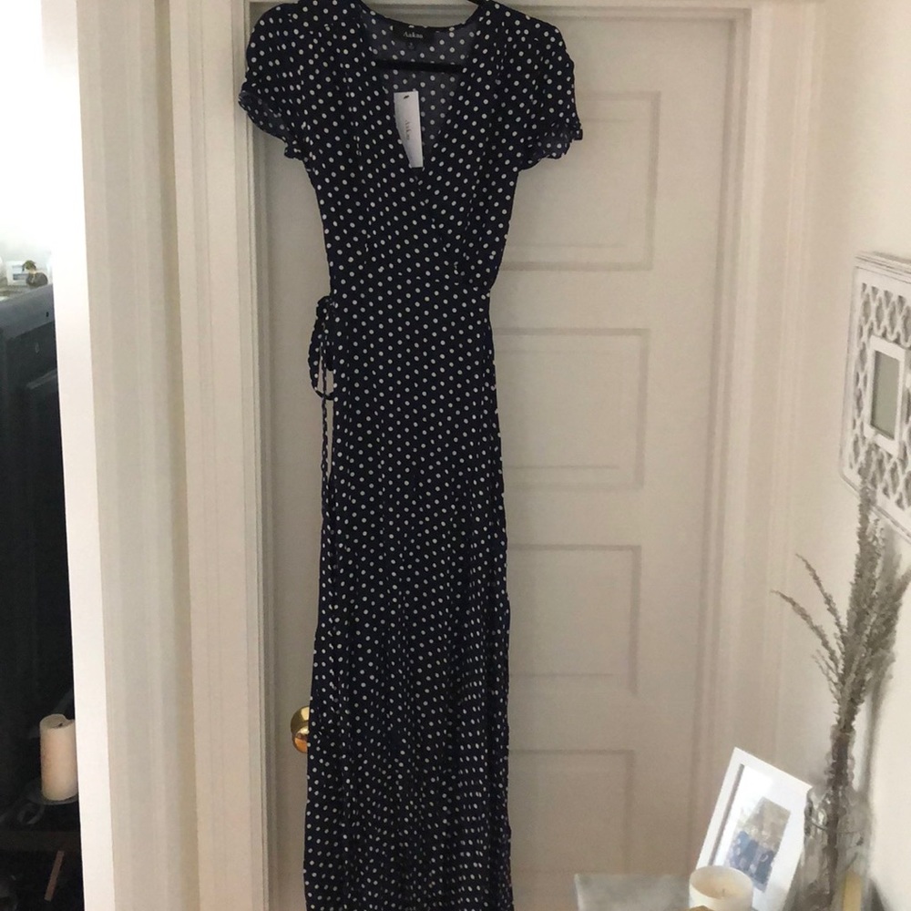 Aakaa Navy Blue Maxi Wrap Dress with White Polka Dots